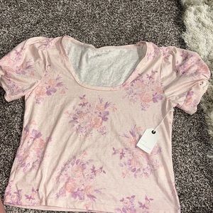 Coco & Jaimeson Crop Puff Sleeve Floral Pink Purple Shirt Size XL